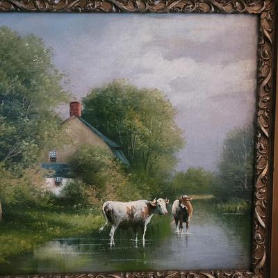 John Parker Davis Signed Original Oil Painting of Pastoral Cow Scene (DR-DW)