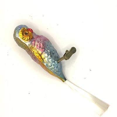 1633 Vintage Handblown Owl Glass Ornament Clip with Bristle Tail