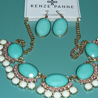 Kenze Panne Teal & White Gold Tone Jewelry Set