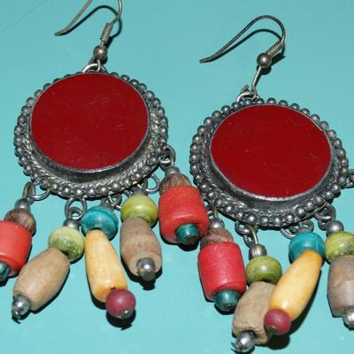 Bohemian Silver Tone Tribal Dangle Wood Beads Wire Hook Earrings