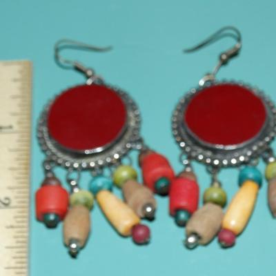 Bohemian Silver Tone Tribal Dangle Wood Beads Wire Hook Earrings