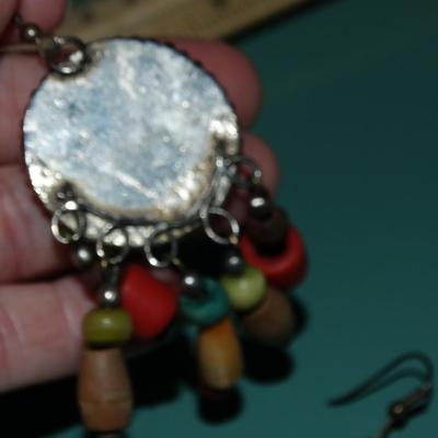 Bohemian Silver Tone Tribal Dangle Wood Beads Wire Hook Earrings