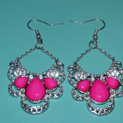 Hot Pink Silver Tone Chandelier Dangle Earrings