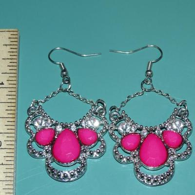 Hot Pink Silver Tone Chandelier Dangle Earrings