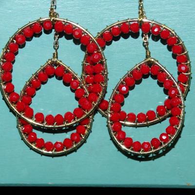 Gold Tone Red Beaded Dangle Earrings