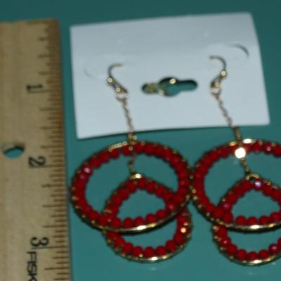 Gold Tone Red Beaded Dangle Earrings