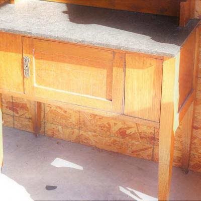 ENGLISH STYLE WASHSTAND WITH DARK BLUE TILE BACKSPLASH /BLACK MARBLE TOP AND OAK CABINET