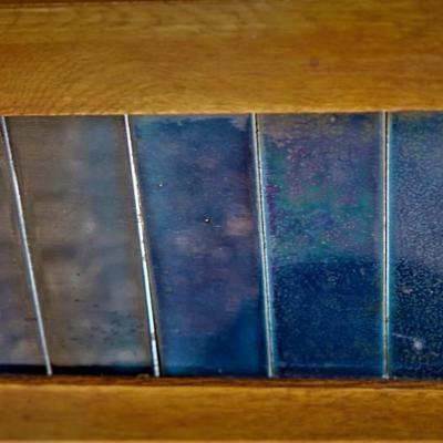 ENGLISH STYLE WASHSTAND WITH DARK BLUE TILE BACKSPLASH /BLACK MARBLE TOP AND OAK CABINET