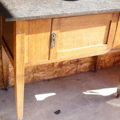 ENGLISH STYLE WASHSTAND WITH DARK BLUE TILE BACKSPLASH /BLACK MARBLE TOP AND OAK CABINET