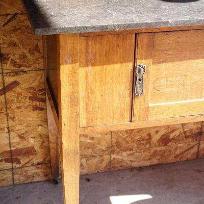 ENGLISH STYLE WASHSTAND WITH DARK BLUE TILE BACKSPLASH /BLACK MARBLE TOP AND OAK CABINET