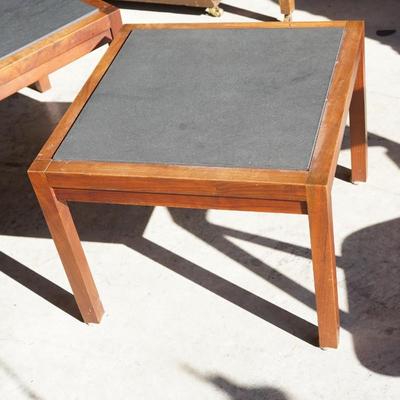 PAIR OF TEAK /FAUX SLATE TOP OCCASIONAL TABLES.