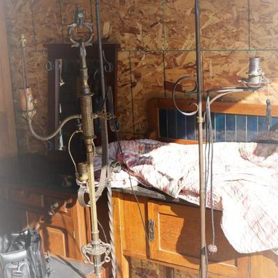 GROUPING OF THREE WROUGHT IRON FLOOR LAMPS EARLY 20TH CENTURY