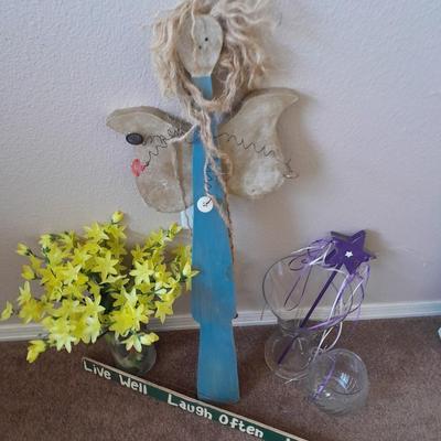 WOODEN ANGEL, FAUX FLOWERS AND MORE
