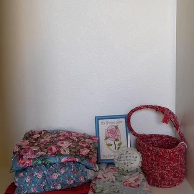 SEWING MATERIAL, BASKET, FRAMED WALL ART AND MORE