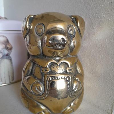 BRASS PIG BANK, PLUSH RABBITS, FRAMED PICTURE, AND MORE