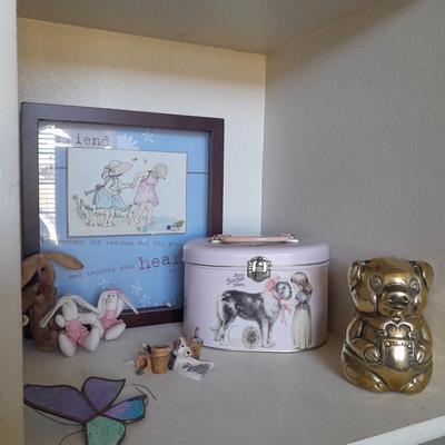 BRASS PIG BANK, PLUSH RABBITS, FRAMED PICTURE, AND MORE