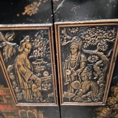 Vintage Black Lacquer Asian Wood Asian Wood Cabinet