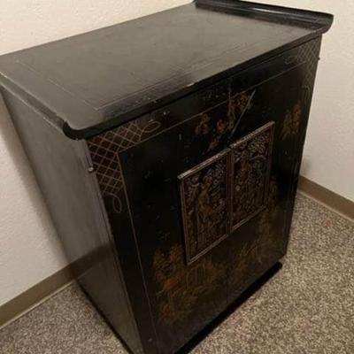 Vintage Black Lacquer Asian Wood Asian Wood Cabinet