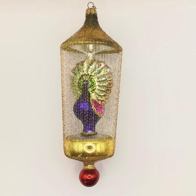 1648 Vintage Christopher Radko Gilded Cage Peacock Glass Ornament