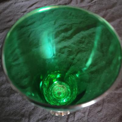 Assortment of Colored Green Glasses and Dishes on Brass (DR-DW)