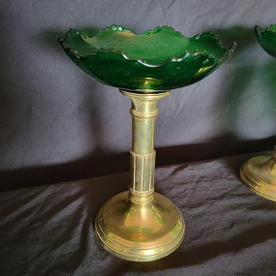 Assortment of Colored Green Glasses and Dishes on Brass (DR-DW)