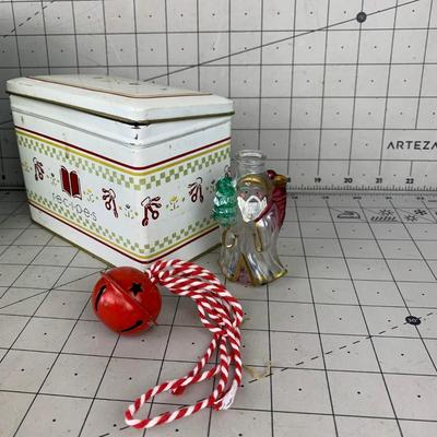 #24 Vintage Santa Glass Piece, Storage Tins and Bell