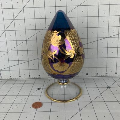 #43 Clear Purple/Blue Glass Egg Wtih Gold Pattern and Stand