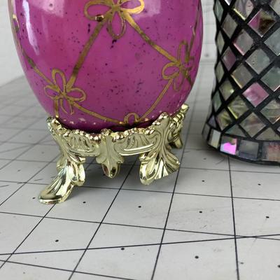 #155 Pink Bow Egg With Stand & Mosiac Glass Candle