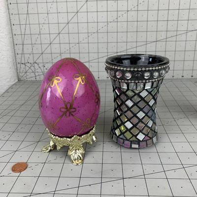 #155 Pink Bow Egg With Stand & Mosiac Glass Candle