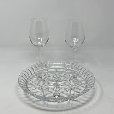 Pair of Crystal Spiegelau Glasses and Crystal Serving Dish