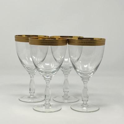 Set of Four 24K Gold Rimmed Crystal Water Goblets
