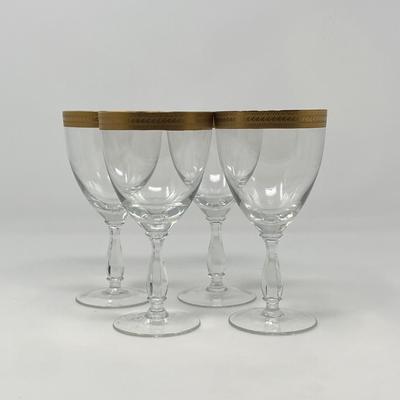 Set of Four 24K Gold Rimmed Crystal Water Goblets