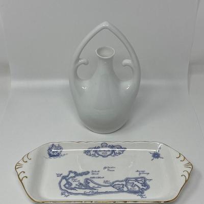 Vintage White Vessel and Decorative Plate
