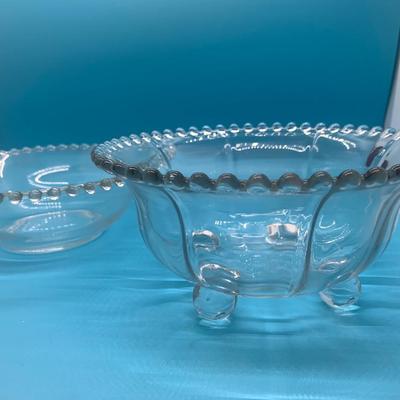 Matching glass hobnail bowls - handles & footed