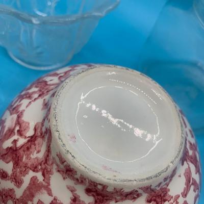 Red speckled bowl, jar with lid, Depression glass bowl