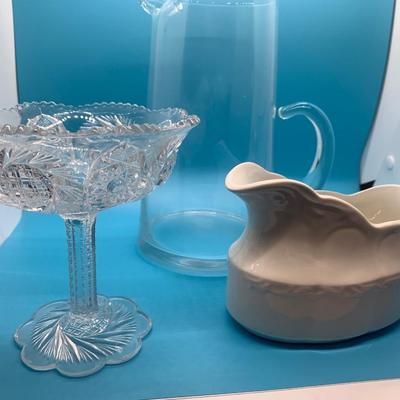 Vintage MCM glass pitcher, pedestal candy dish, gravy boat
