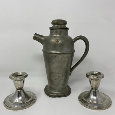 Pewter Candlestick Holders and Water/Tea Pitcher
