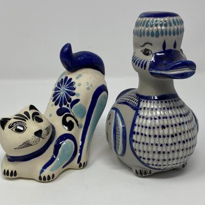 Mexico Tonala Art Pottery Cat and Duck Figurines