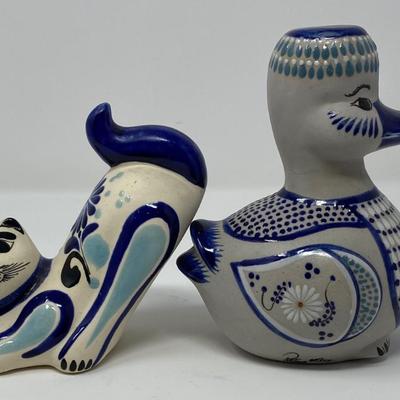 Mexico Tonala Art Pottery Cat and Duck Figurines