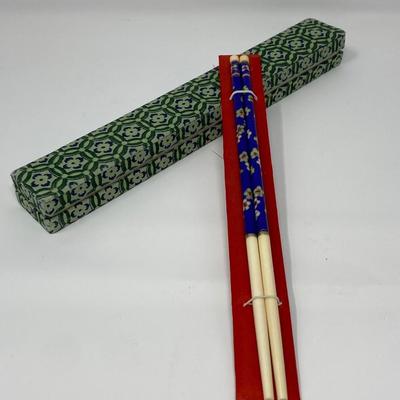 Vintage Blue Floral Chinese Cloisonne Enamel Bone Chopsticks with Case