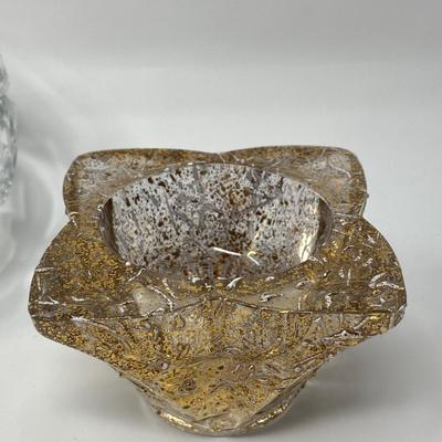Cut Crystal Bowl with Pair of Glass and Gold Speck Candleholders