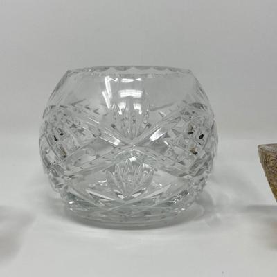 Cut Crystal Bowl with Pair of Glass and Gold Speck Candleholders