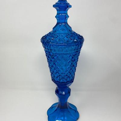 Vintage Large Sapphire Blue Diamond Cut Glass Apothecary Covered Jar