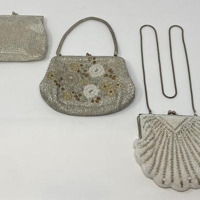 Vintage Silver and Ivory Micro-Bead Clutch, Floral Handbag, and Sequin Purse