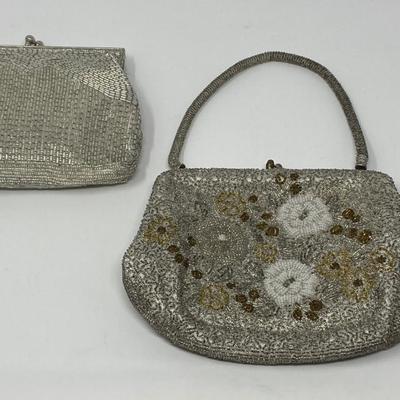 Vintage Silver and Ivory Micro-Bead Clutch, Floral Handbag, and Sequin Purse