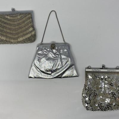 Vintage Ivory Micro-Bead Clutch, Metallic Silver Handbag, and Silver Sequin Clutch