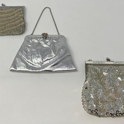 Vintage Ivory Micro-Bead Clutch, Metallic Silver Handbag, and Silver Sequin Clutch