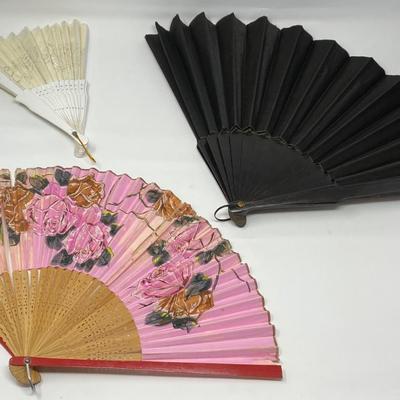 Two Vintage HandHeld Fans and One Large Black Leather Antique Handheld Fan