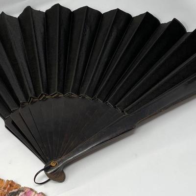 Two Vintage HandHeld Fans and One Large Black Leather Antique Handheld Fan