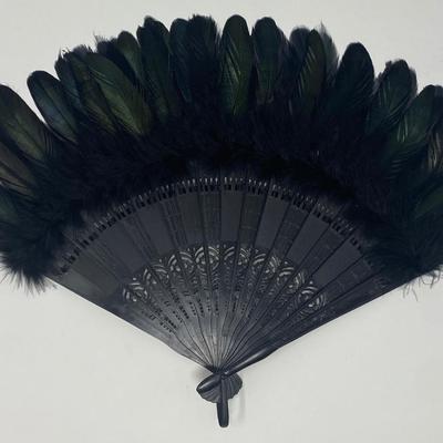 Stunning Large Vintage Black Feather Handheld Fan
